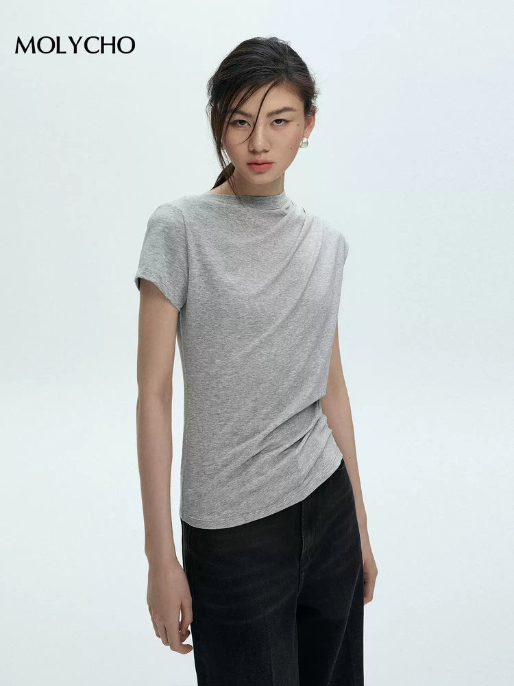Diagonal Collar Asymmetric T-Shirt_BDHL7426