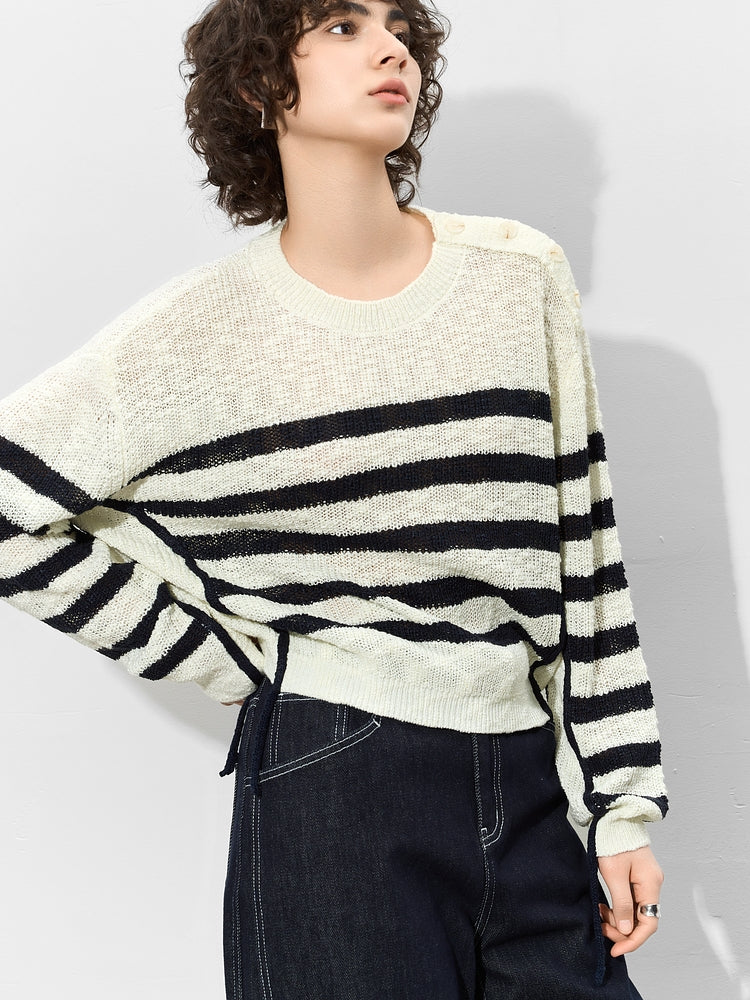 Button-Shoulder Striped Knit Tops_BDHL7012