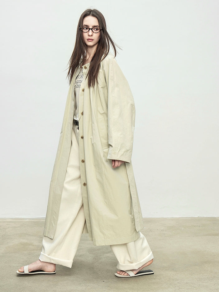 Collarless Loose Long Windbreaker_BDHL7088