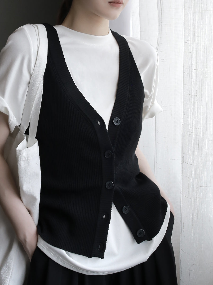 V-Neck Knit Sleeveless Tops_BDHL7574