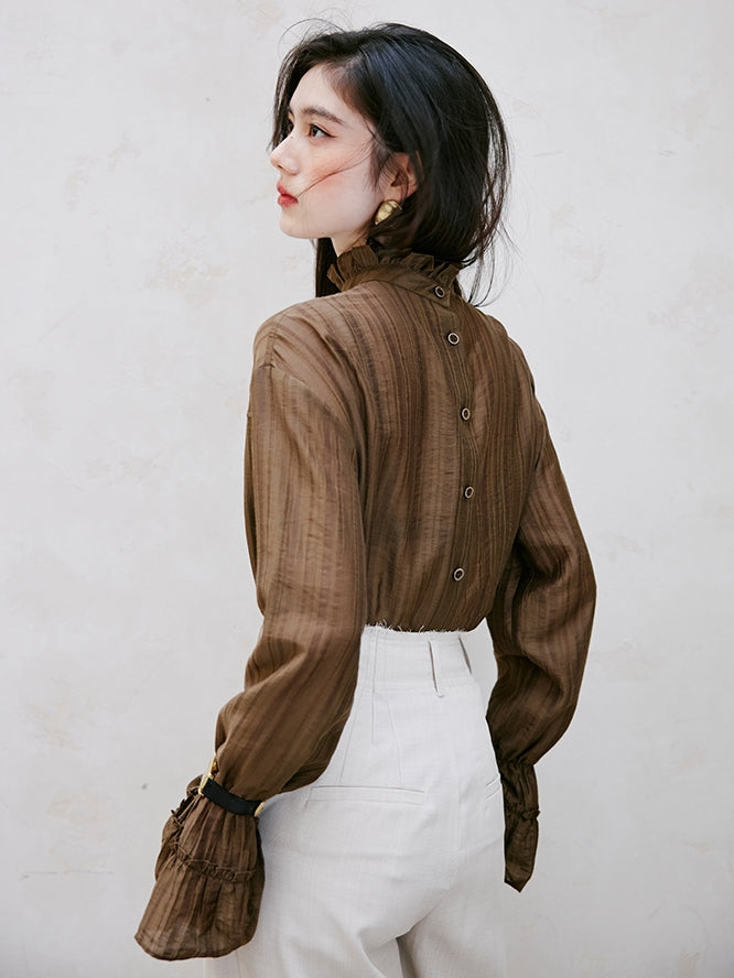 Ruffle High-Neck Sheer Blouse_BDHL6751