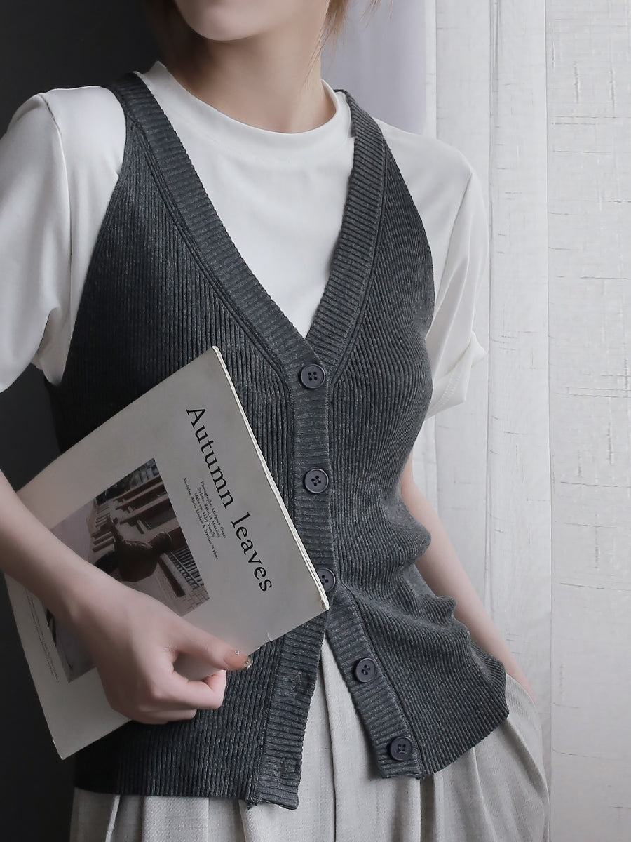 V-Neck Knit Sleeveless Tops_BDHL7574