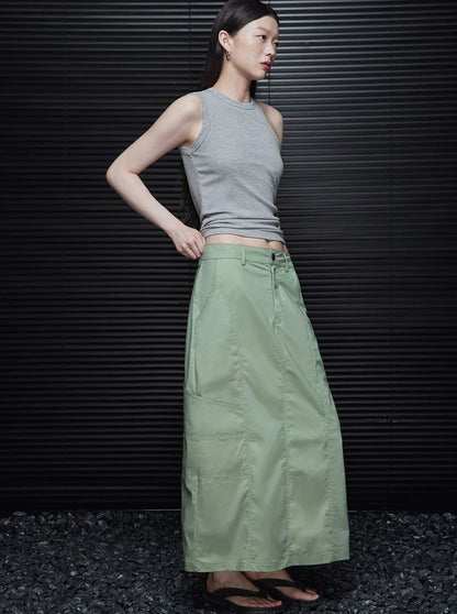Back Slit Green Long Skirt_BDHL6041