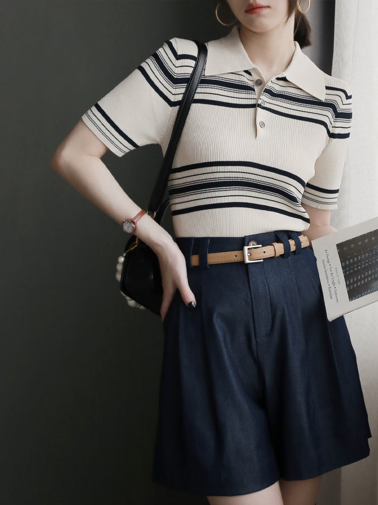 Stripe POLO Lapel Slim Tops_BDHL6081