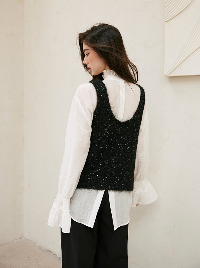 Glitter U-Neck Black Knitted Vest_BDHL6756