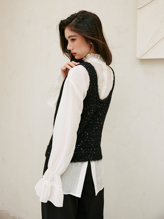 Glitter U-Neck Black Knitted Vest_BDHL6756