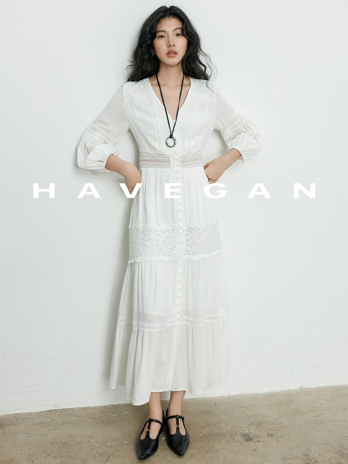 V-Neck Lace A-Line Long Dress_BDHL7066