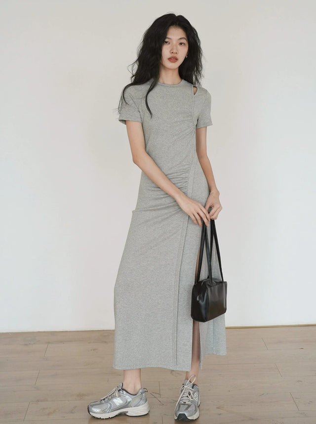 Gray Slit Slim Hollow Dress_BDHL6184