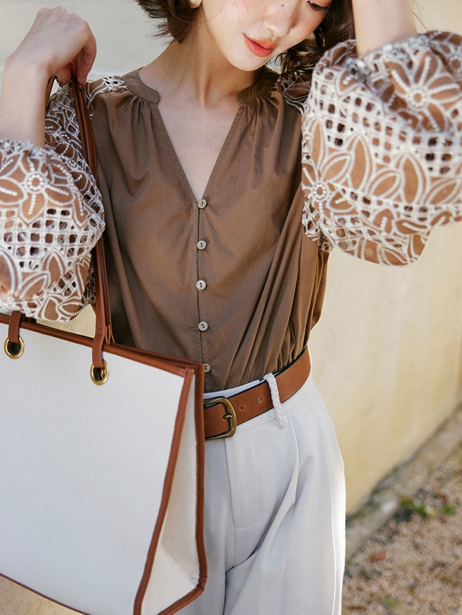 Patchwork Lantern Sleeveless Shirt_BDHL7474