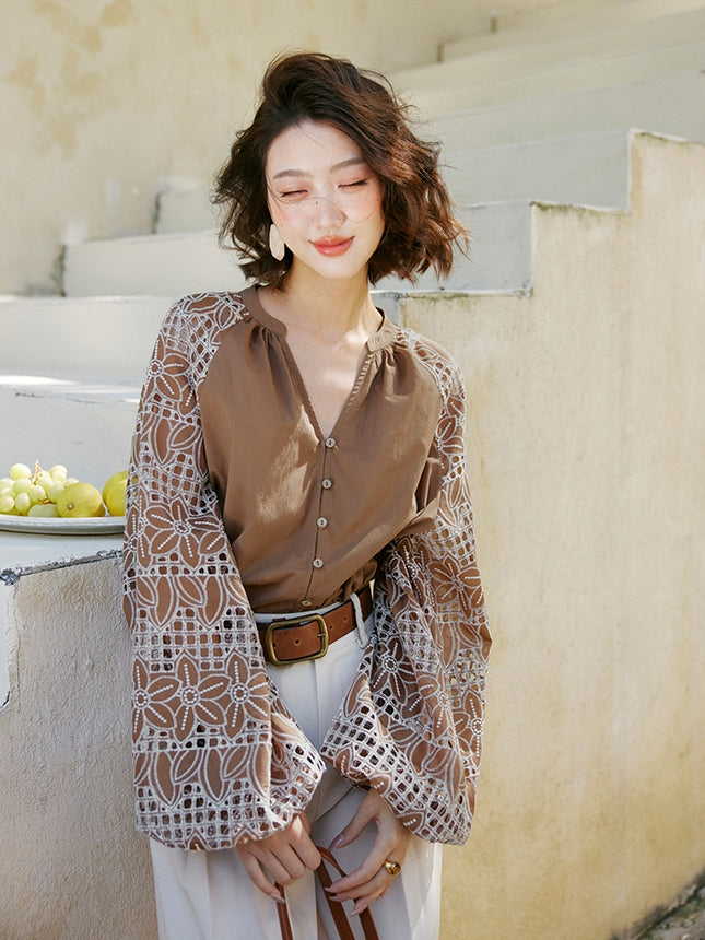 Patchwork Lantern Sleeveless Shirt_BDHL7474