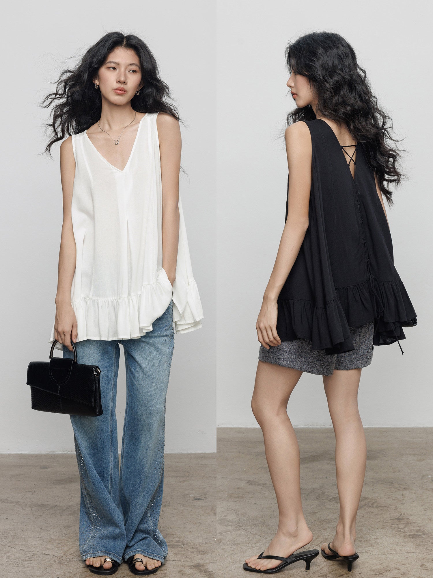 Ruffle Hem Sleeveless Linen Top_BDHL8360