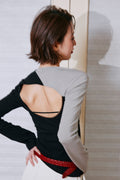 Contrast Sleeve Backless Cutout Knit Top_BDHL8243