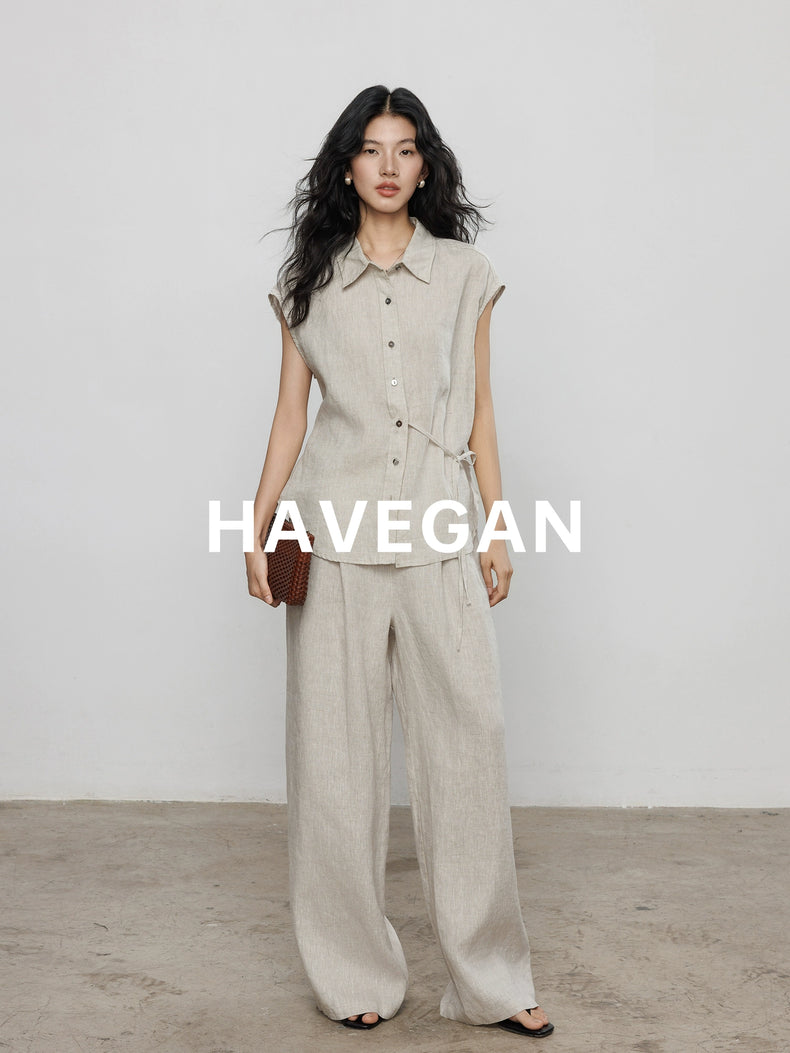Waist-Strap Sleeveless Shirt And Casual Pants Set_BDHL7481