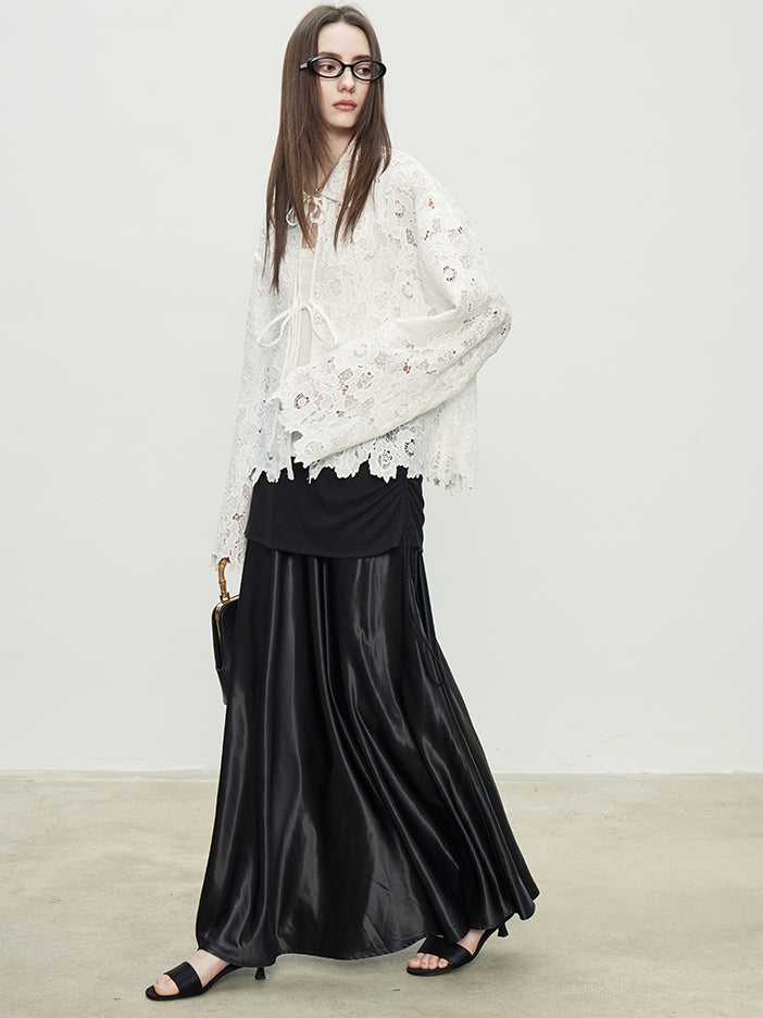 Black Double Fabric Long Skirt_BDHL7075