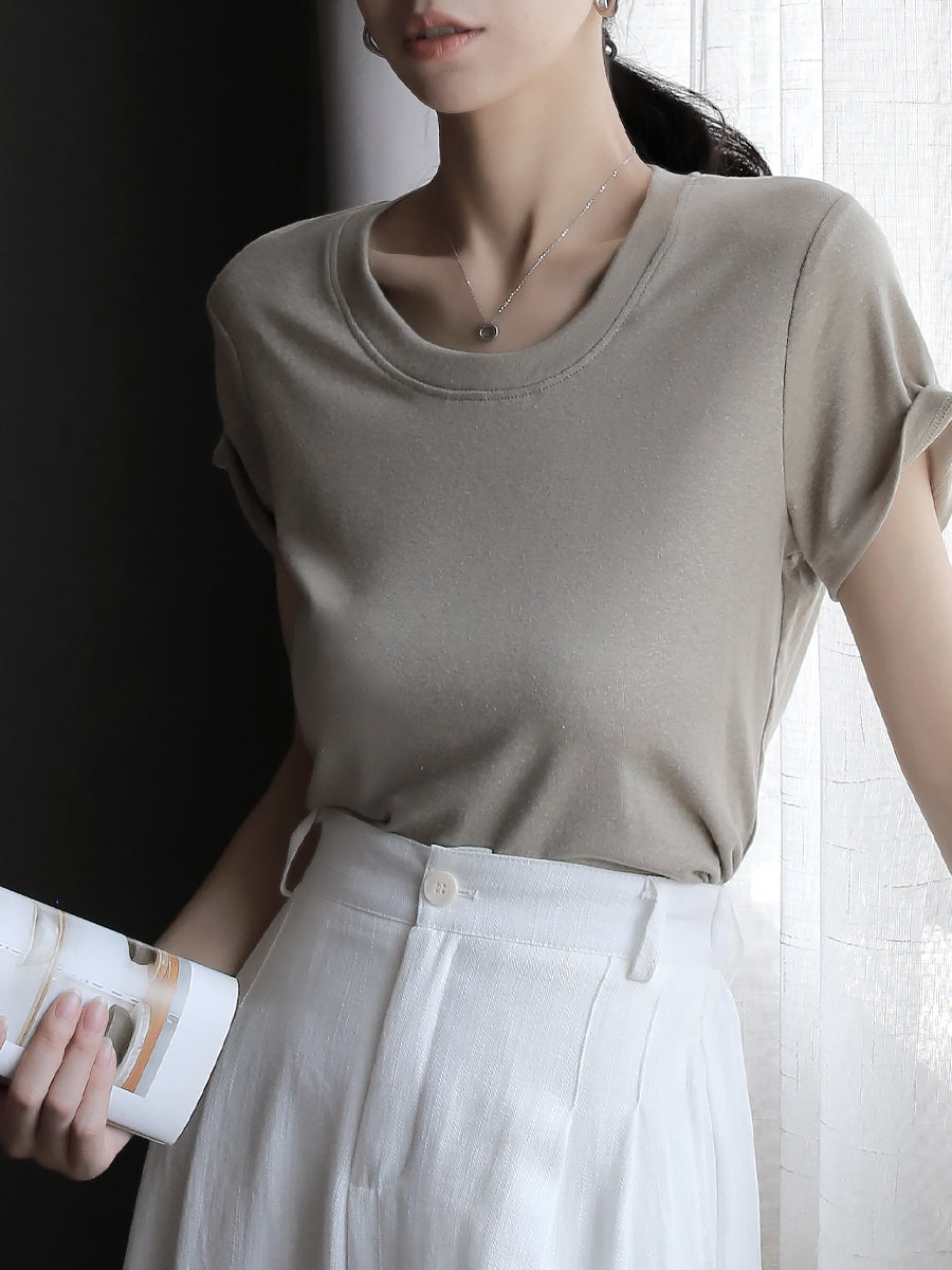 Deep U-Neck Short-Sleeved Tops_BDHL7577