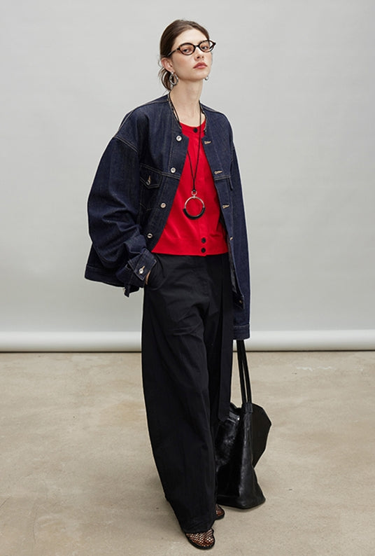 Retro Collarless Denim Jacket_BDHL7197