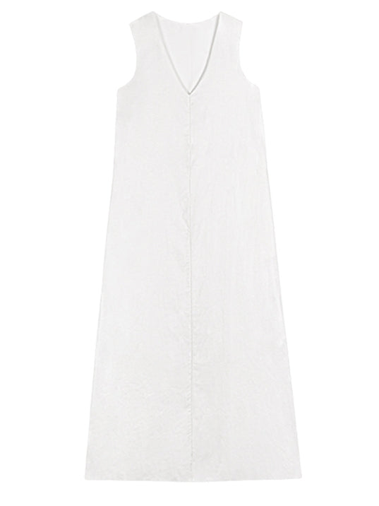 Deep V-Neck White Dress_BDHL7550