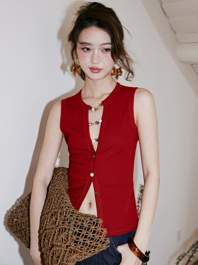 Beaded V-Neck Sleeveless Tops_BDHL7540