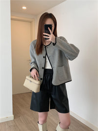 PU Leather A-Line Mid-Length Shorts_BDHL6770