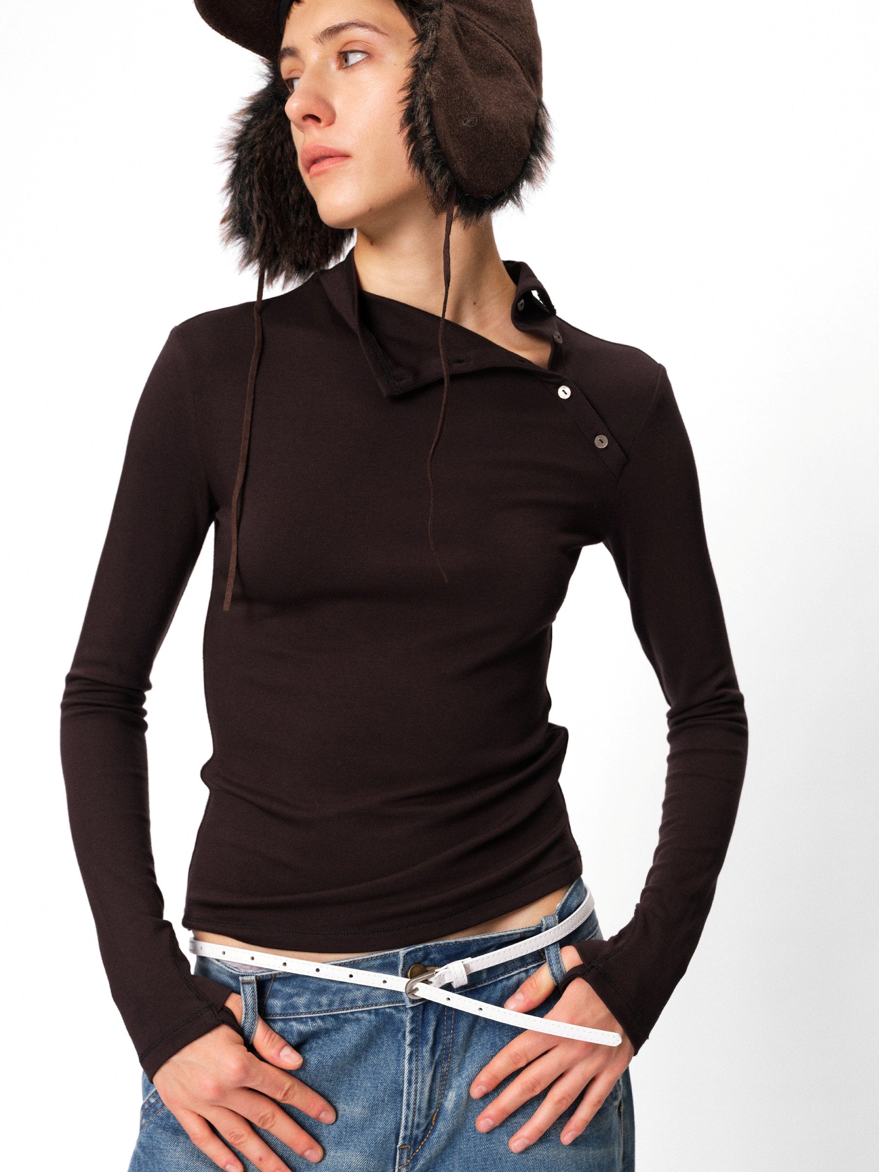 High-Neck Button Slim-Fit Tops_BDHL8105