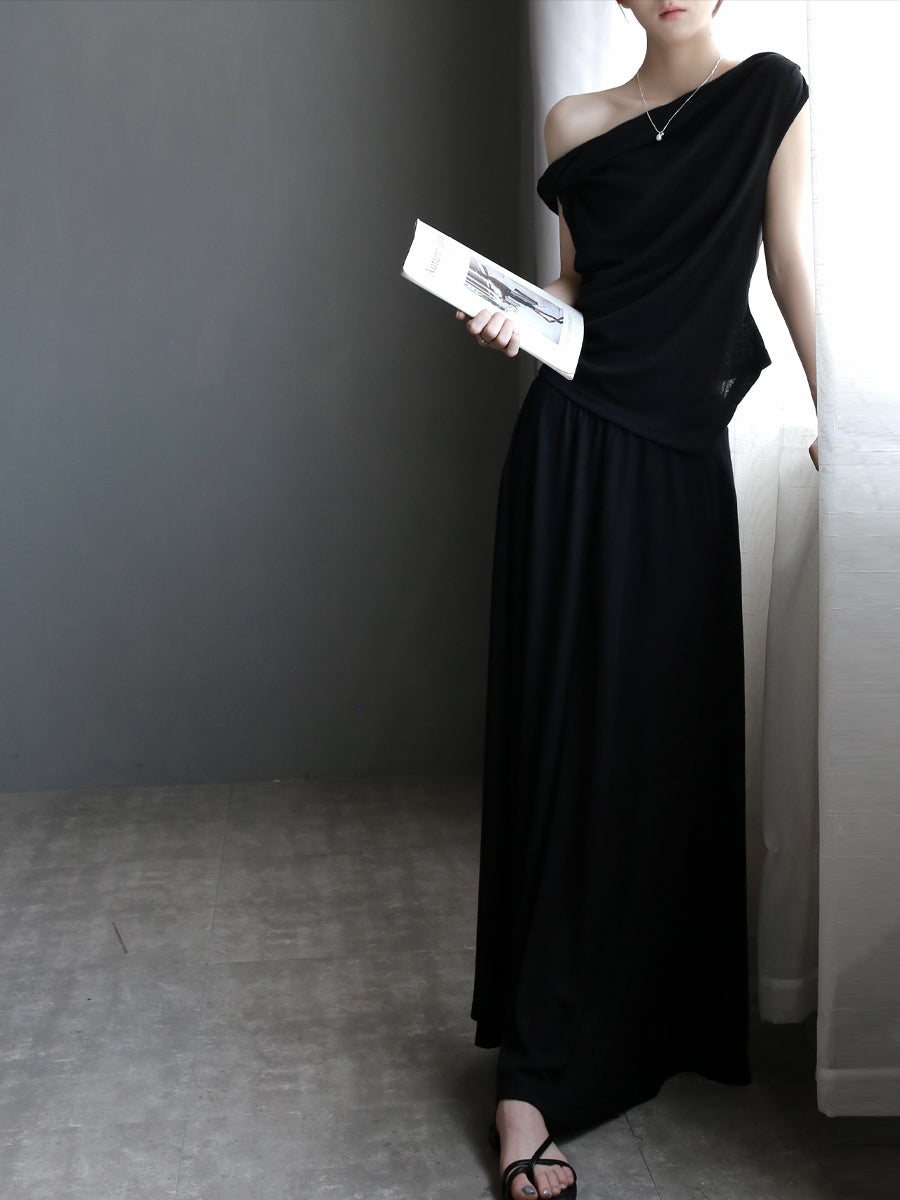 Twisted Collar Top &amp; Drape Skirt Set_BDHL7637