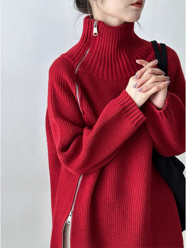 Zipper Turtleneck Loose Knit Tops_BDHL8036
