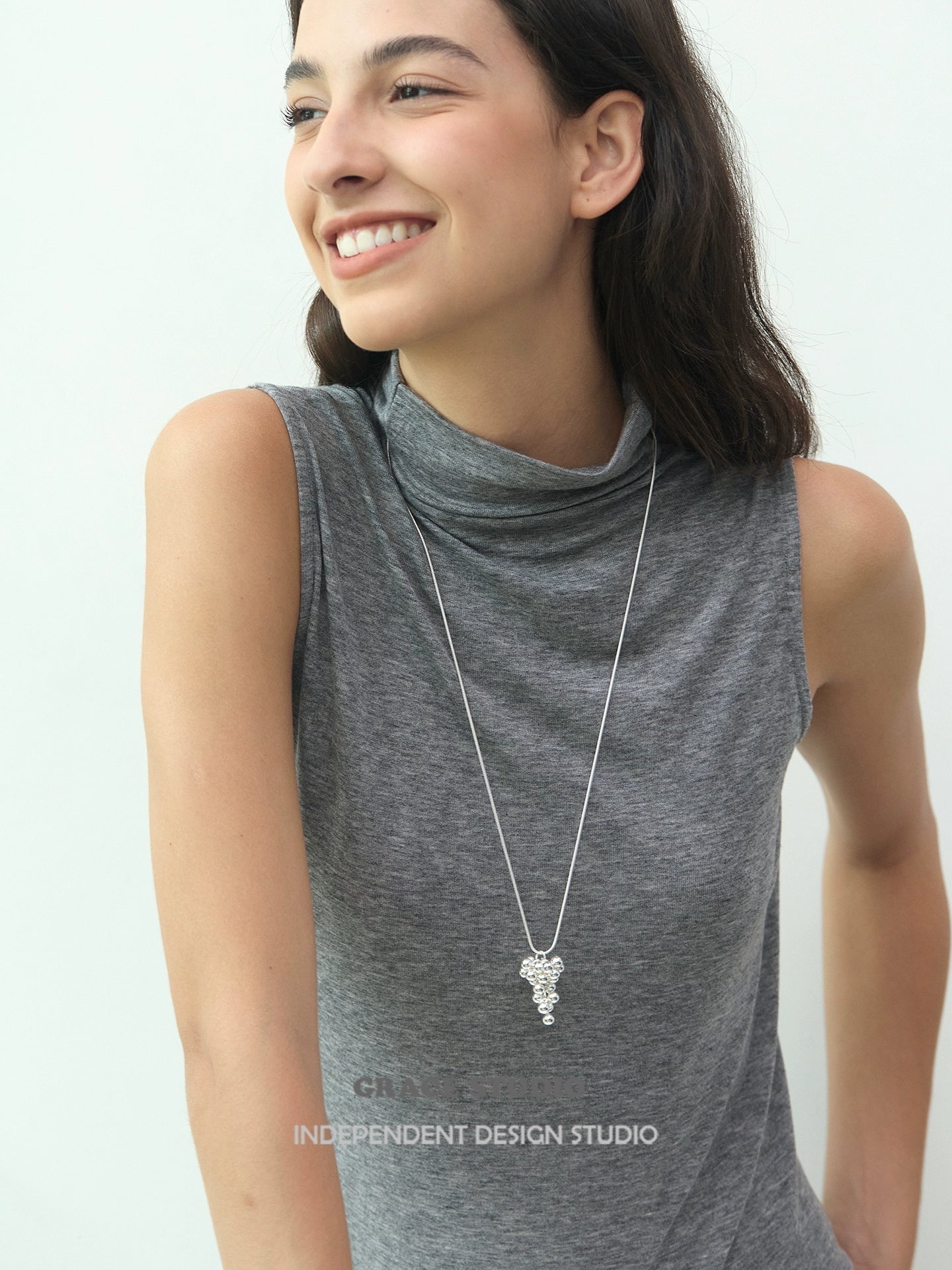 silver grape cluster pendant long necklace_BDHL7680