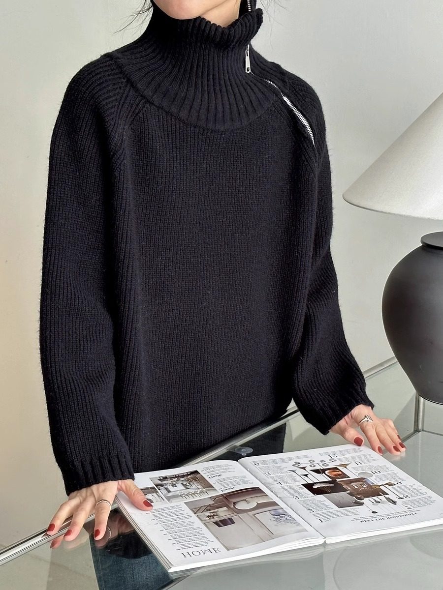 Zipper Turtleneck Loose Knit Tops_BDHL8036