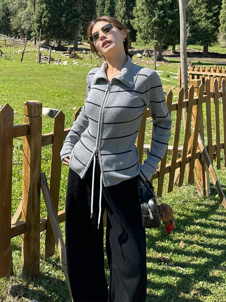 Striped Zip-Up Knit Cardigan_BDHL7660
