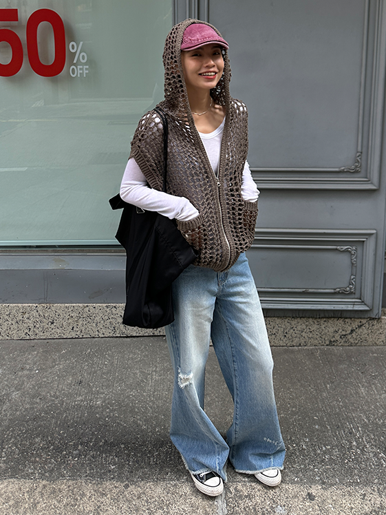 Hooded Hollow Knit Cardigan_BDHL7157