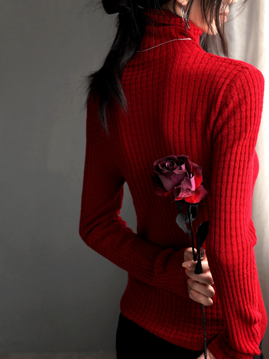 Turtleneck Or High-Neck Waffle Knit Tops_BDHL7930