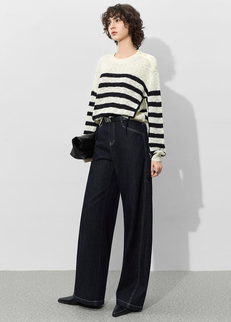 Button-Shoulder Striped Knit Tops_BDHL7012