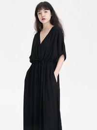 V-Neck Gathered Black Dress_BDHL6241