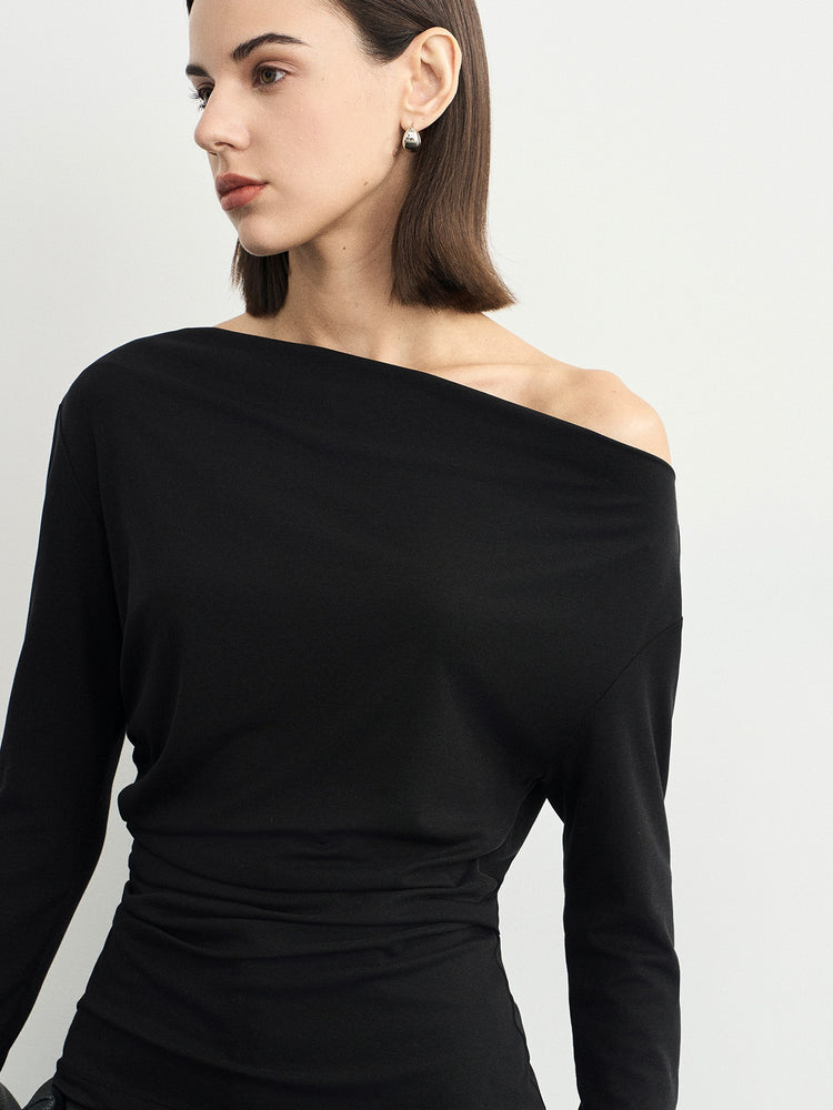 Black One-Shoulder Pleated Tops_BDHL6538