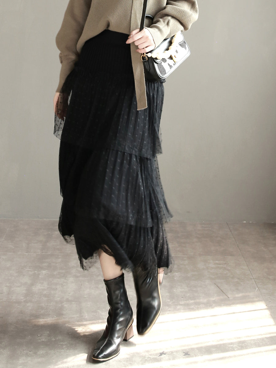 Mesh Pleated Tiered Skirt_BDHL6868