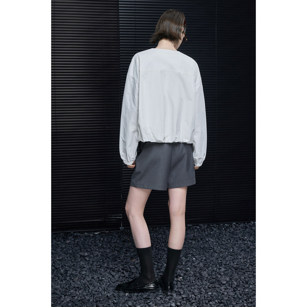 Cotton Round Neck Puff Sleeve Loose Shirt Jacket_BDHL8219