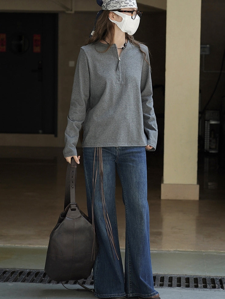 Simple Half-Zip Long-Sleeved Tops_BDHL7776