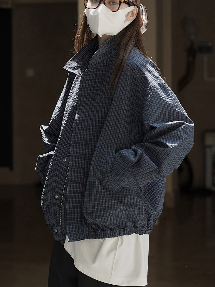 Check-Patterned Stand-Collar Jacket_BDHL7770