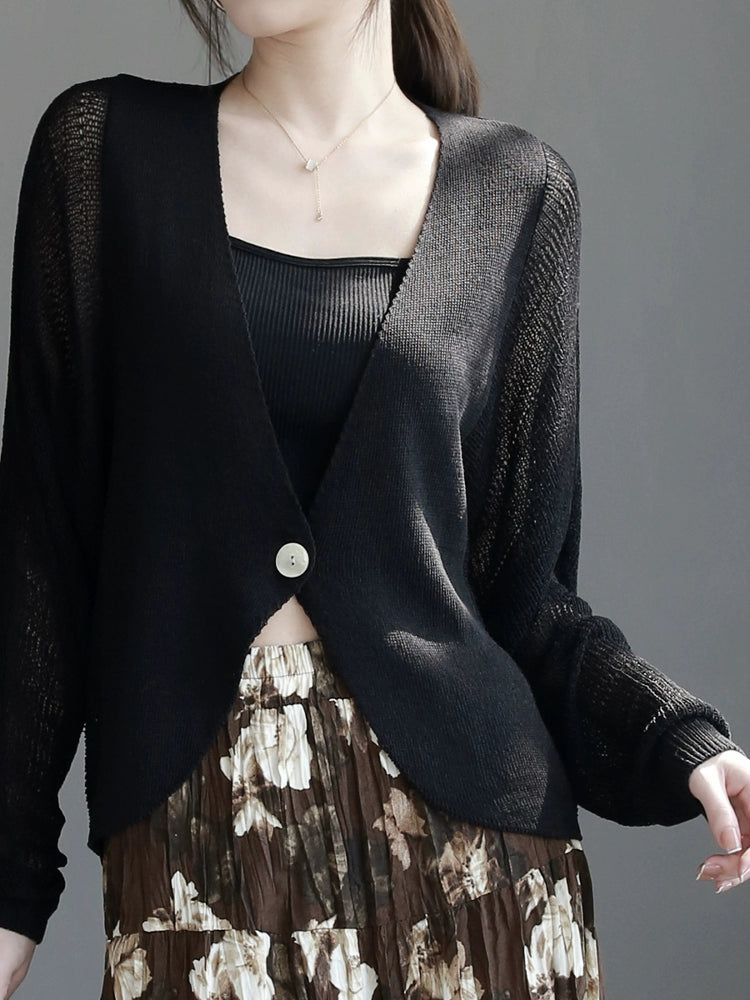 French V-Neck Linen-Blend Knit Cardigan_BDHL7291