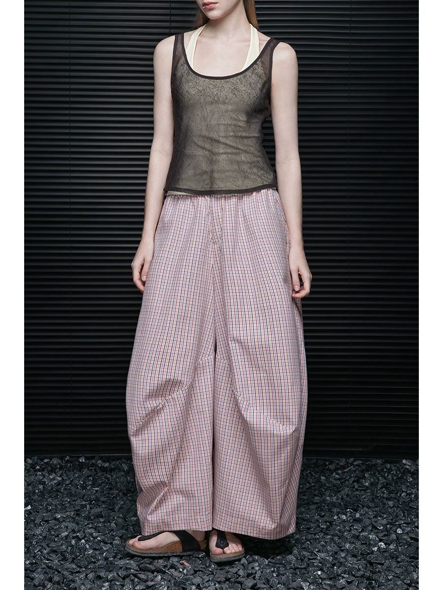 Pink Check Cotton Loose Wide-leg Slacks Pants_BDHL7638