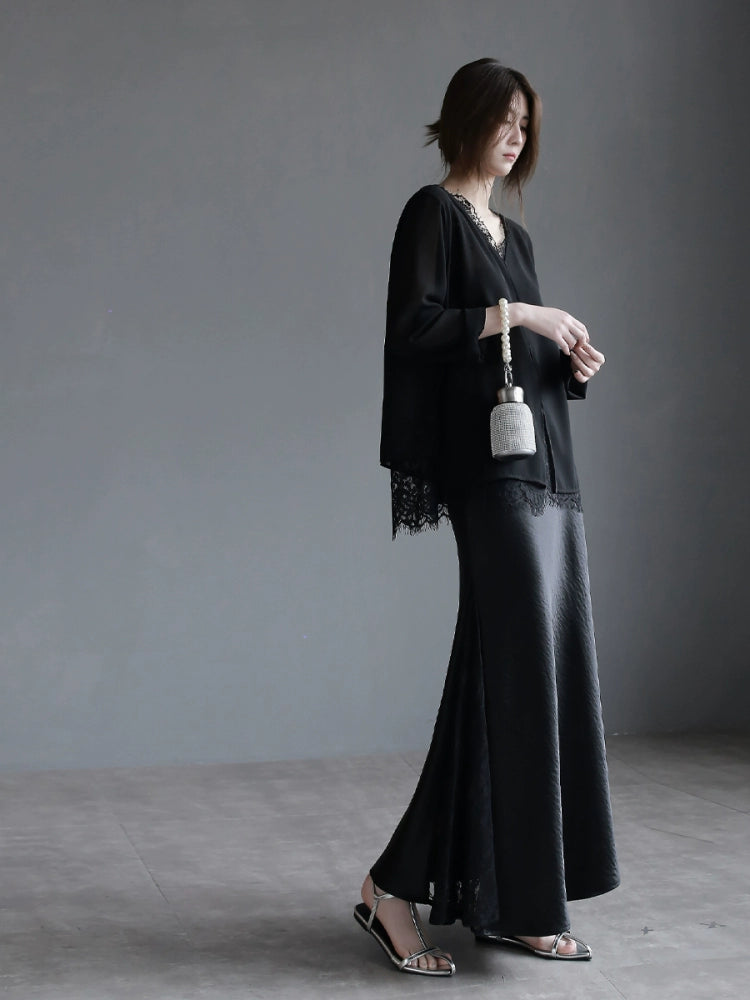 Lace-Trim Satin Mermaid Skirt_BDHL7297