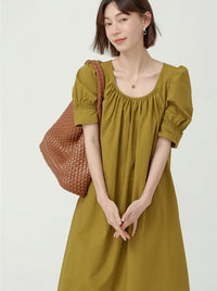 Pleated Loose Puff Sleeve Dress_BDHL6237