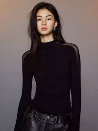 Shoulder Sheer Half Turtleneck Tops_BDHL6784