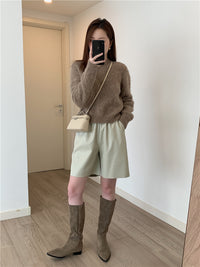 PU Leather A-Line Mid-Length Shorts_BDHL6770