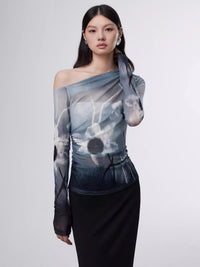 Asymmetric Shirring Sheer Tops_BDHL6324