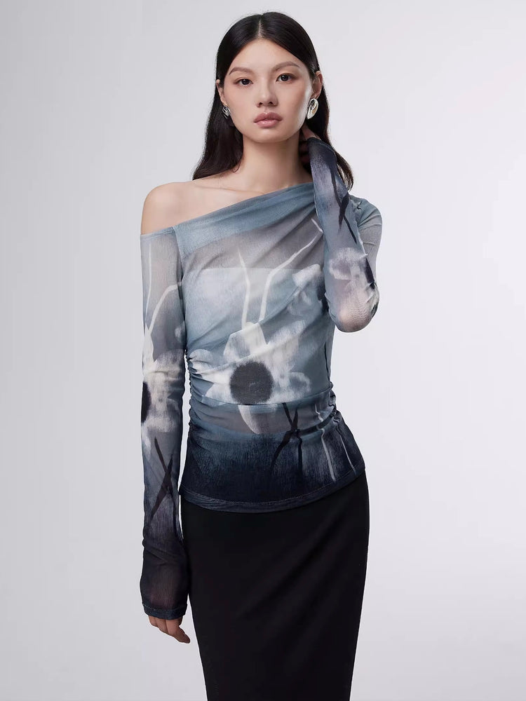 Asymmetric Shirring Sheer Tops_BDHL6324