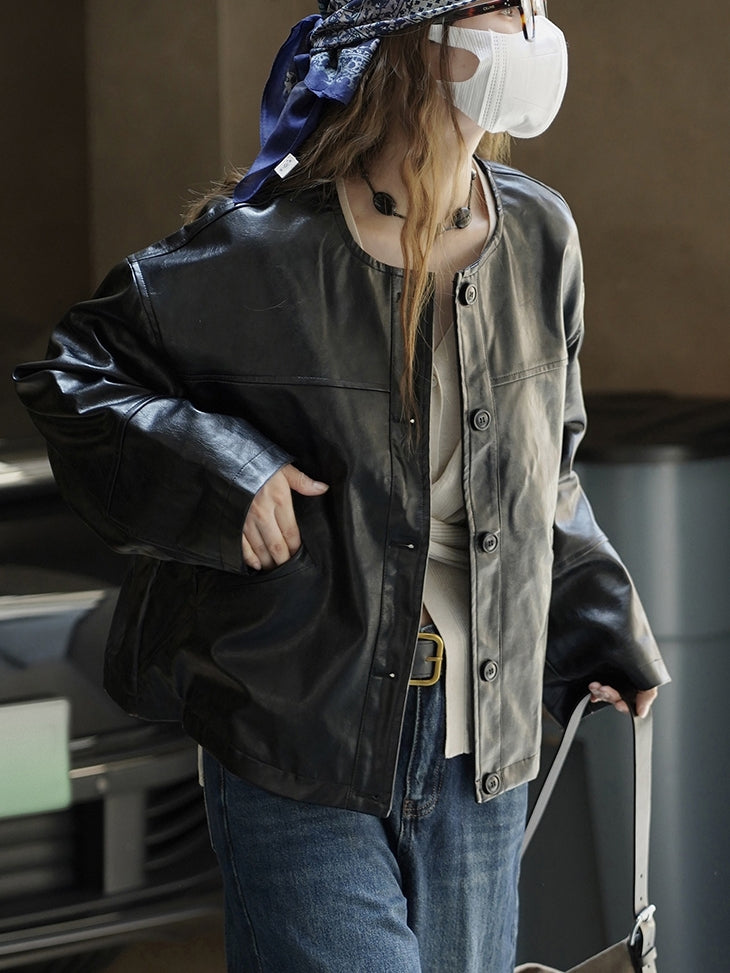 Collarless Leather Jacket_BDHL7771