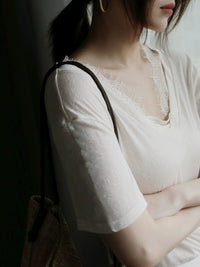 Cloud Cotton Lace Panel V-Neck Sheer T-Shirt_BDHL7303