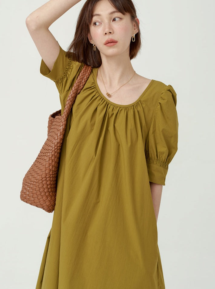 Pleated Loose Puff Sleeve Dress_BDHL6237