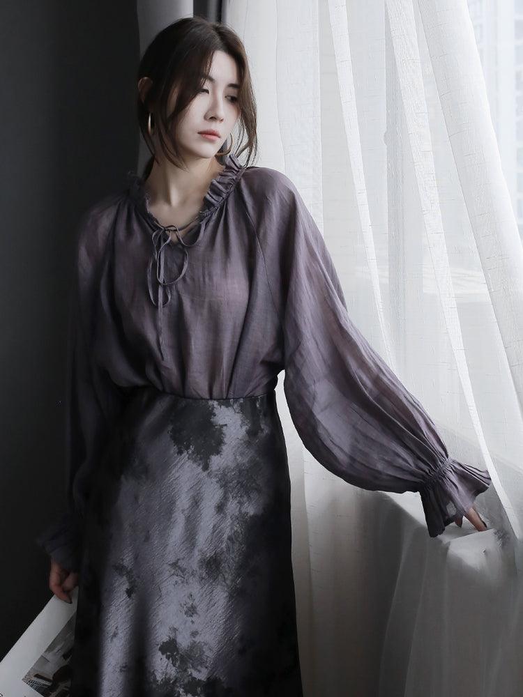 Collar Ribbon Bell Sleeve Shirt_BDHL7270